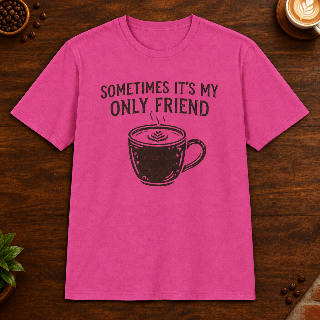 Sometimes It's My Only Friend T-Shirt in Heliconia on a dark wood coffee bar