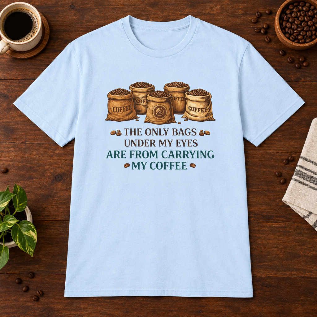 Coffee Bags T-Shirt Light Blue short-sleeve coffee-bar flat lay