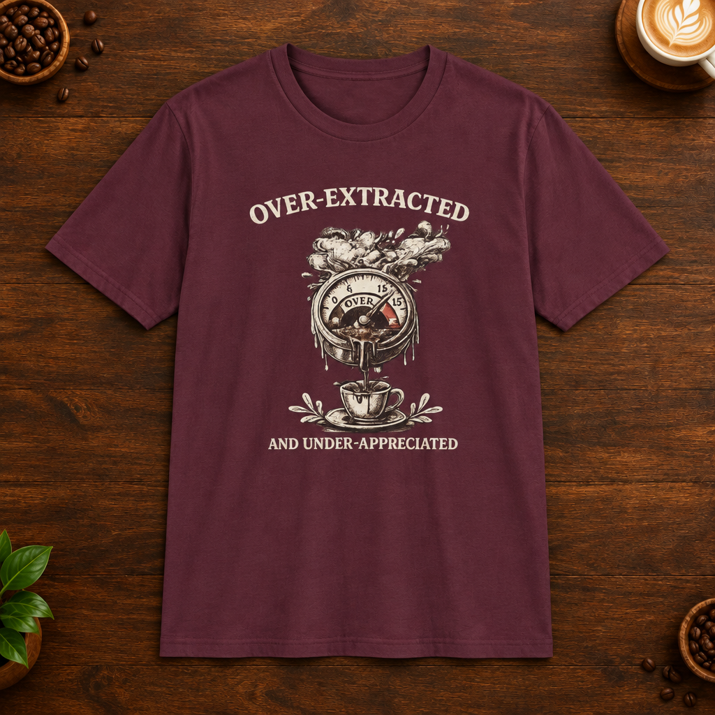 Over-Extracted T-Shirt in Maroon on a wooden coffee-themed background