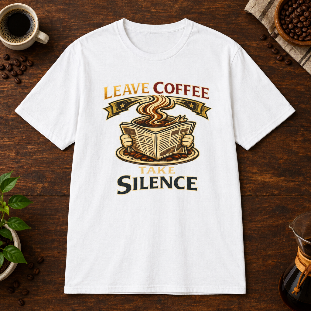 Leave Coffee Take Silence T-Shirt White coffee-bar flat lay