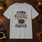 A Yawn for a Coffee Cup T-Shirt in Sport Grey, coffee bar flat lay mockup