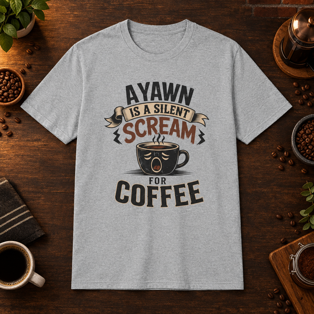 A Yawn for a Coffee Cup T-Shirt in Sport Grey, coffee bar flat lay mockup