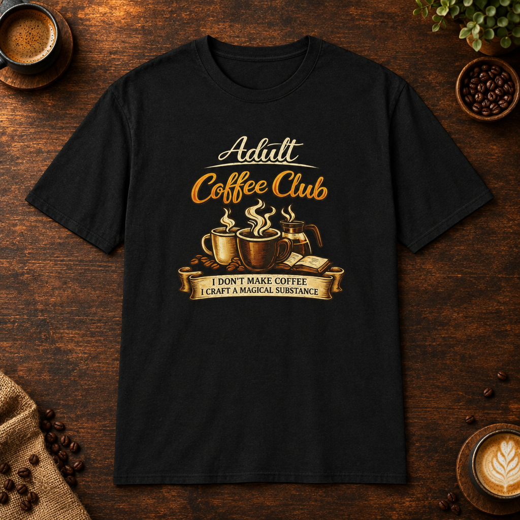 Adult Coffee Club T-Shirt in Black, overhead coffee-bar flat-lay mockup
