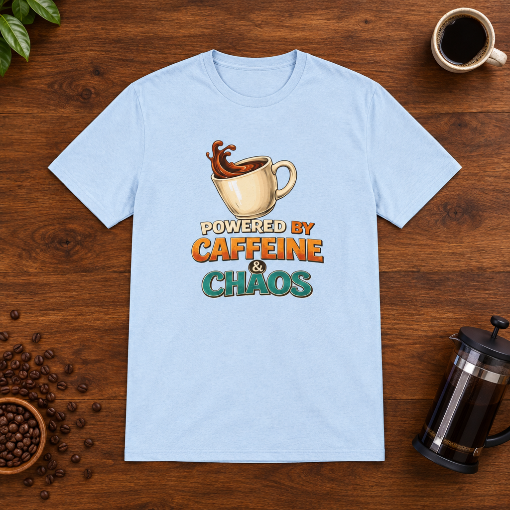 Powered by Caffeine and Chaos T-Shirt Light Blue coffee-bar flat lay