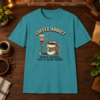 Coffee Addict T-Shirt Heather Galapagos Blue short-sleeve coffee-bar flat lay