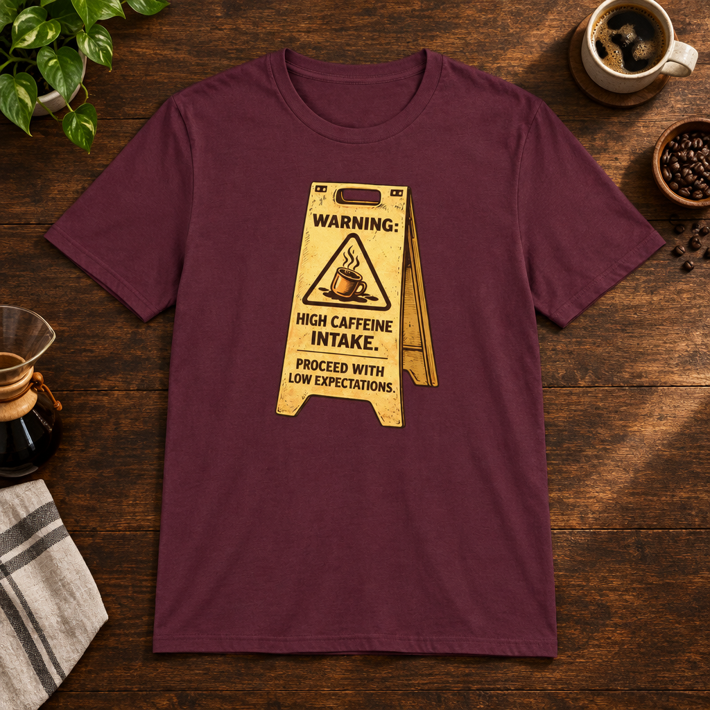 High Caffeine Intake T-Shirt Maroon short-sleeve coffee-bar flat lay