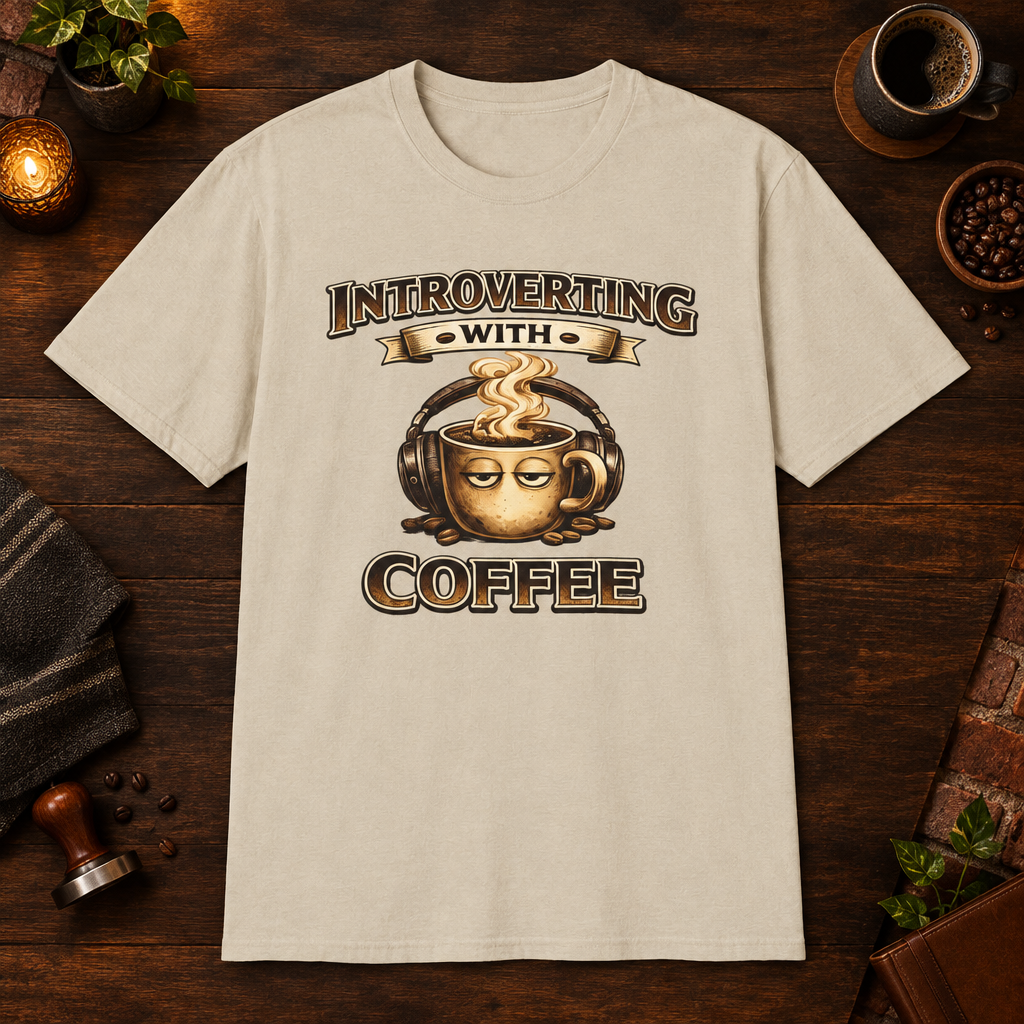 Introverting with Coffee T-Shirt in Sand, zoomed lifestyle mockup