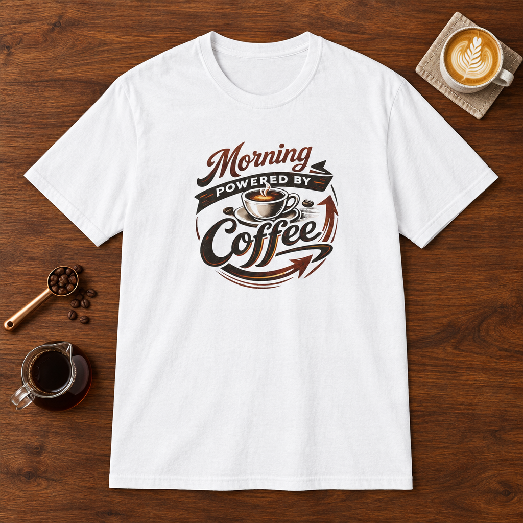 Morning Powered by Coffee T-Shirt White coffee bar mockup