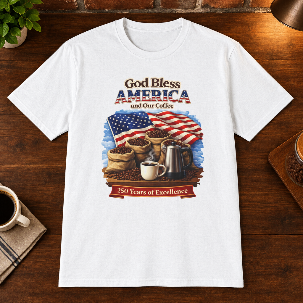God Bless America T-Shirt White close-fill short-sleeve coffee-bar flat lay
