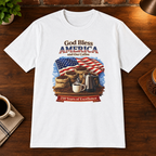 God Bless America T-Shirt White close-fill short-sleeve coffee-bar flat lay