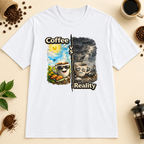 Coffee vs Reality T-Shirt in Heather Galapagos Blue, zoomed lifestyle mockup