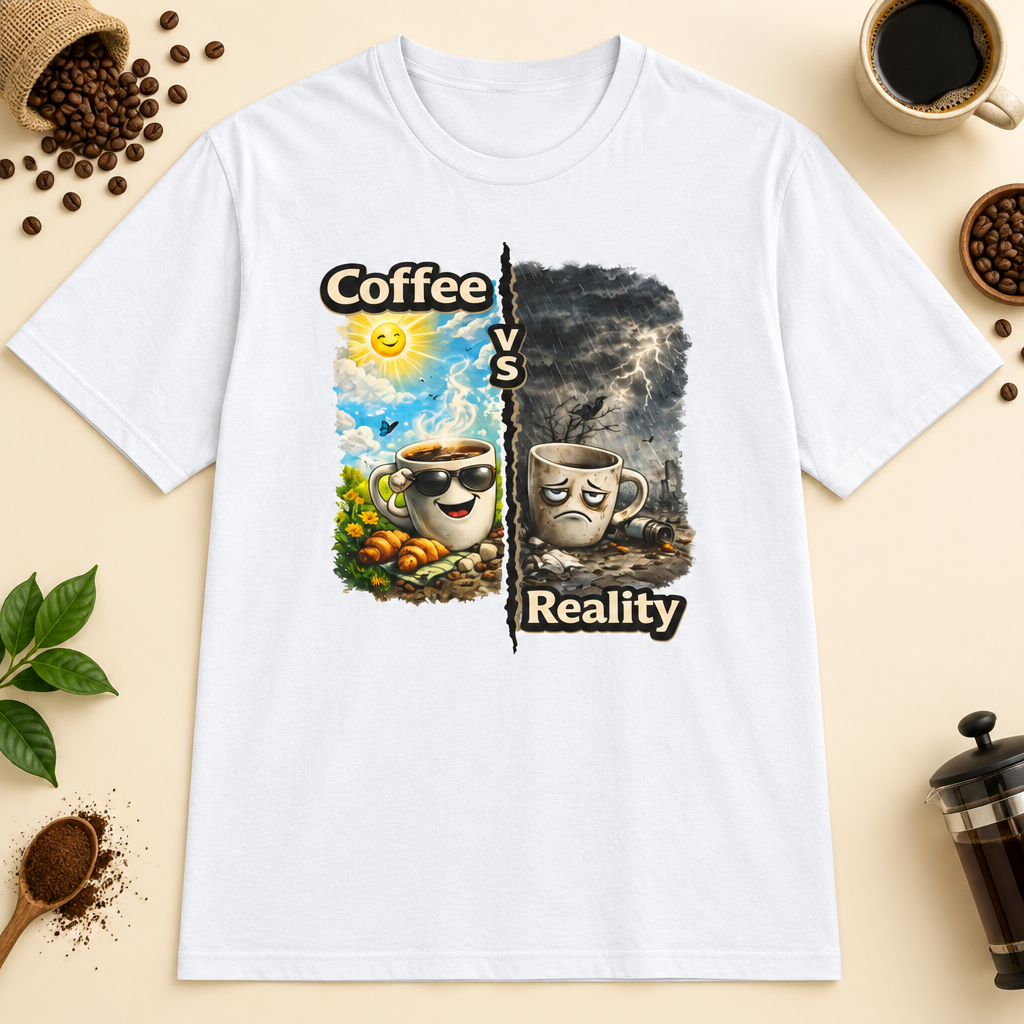 Coffee vs Reality T-Shirt in Heather Galapagos Blue, zoomed lifestyle mockup