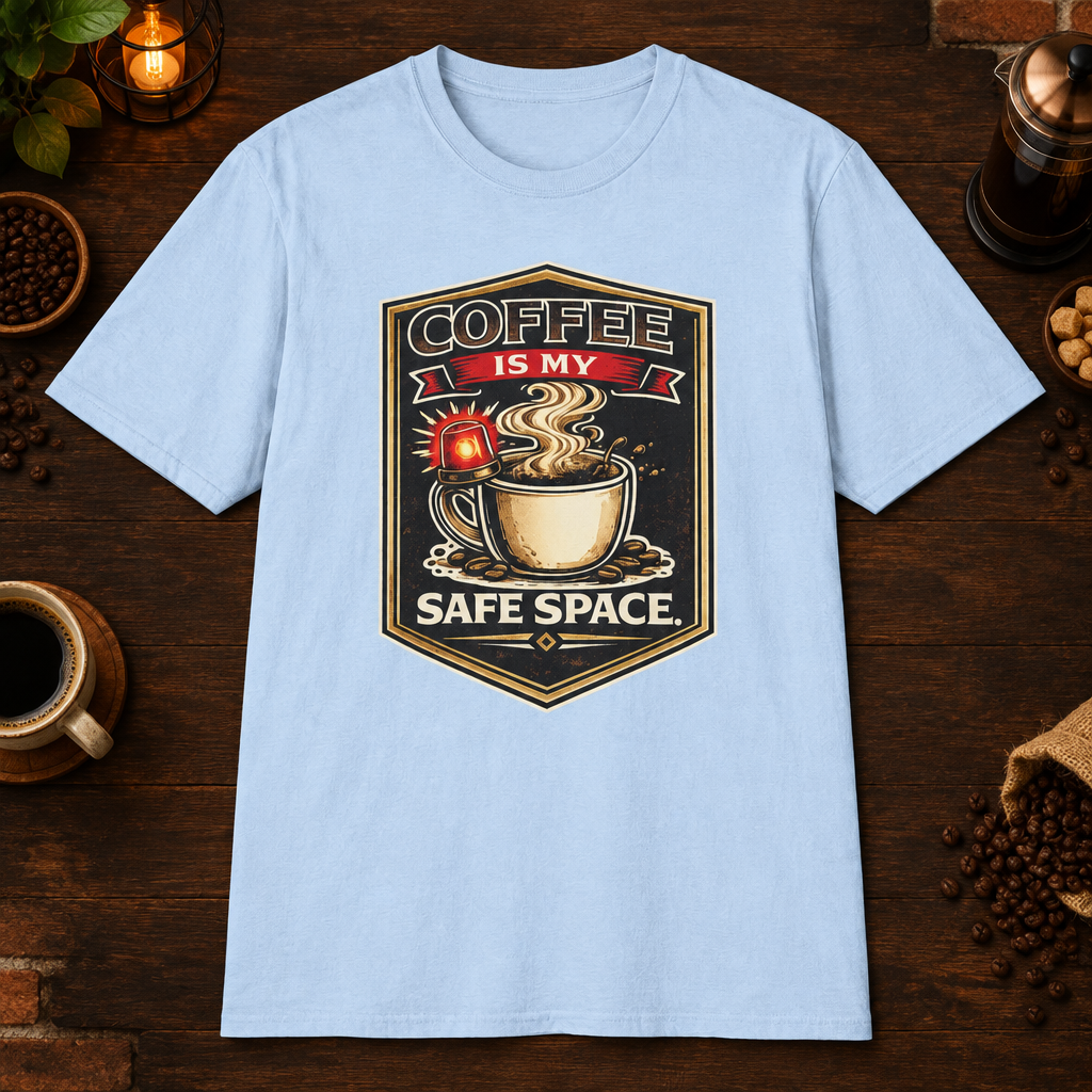 Coffee is My Safe Space T-Shirt in Light Blue, zoomed lifestyle mockup