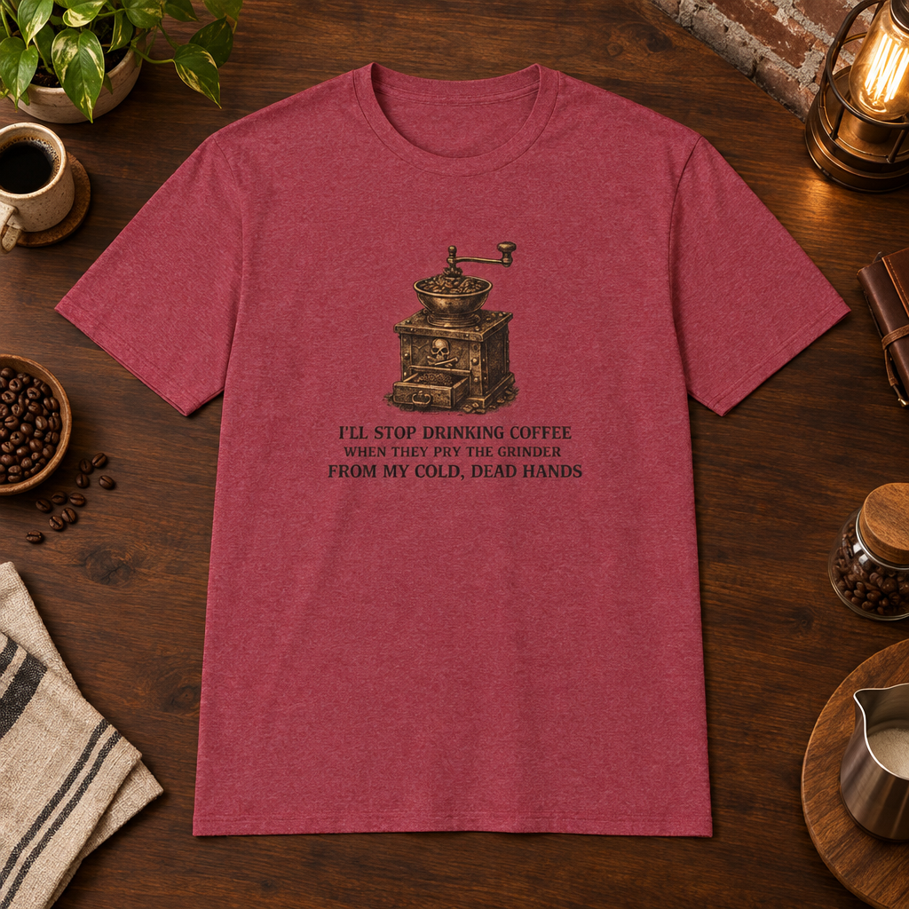 I'll Stop Drinking T-Shirt Heather Cardinal close-fill short-sleeve coffee-bar flat lay