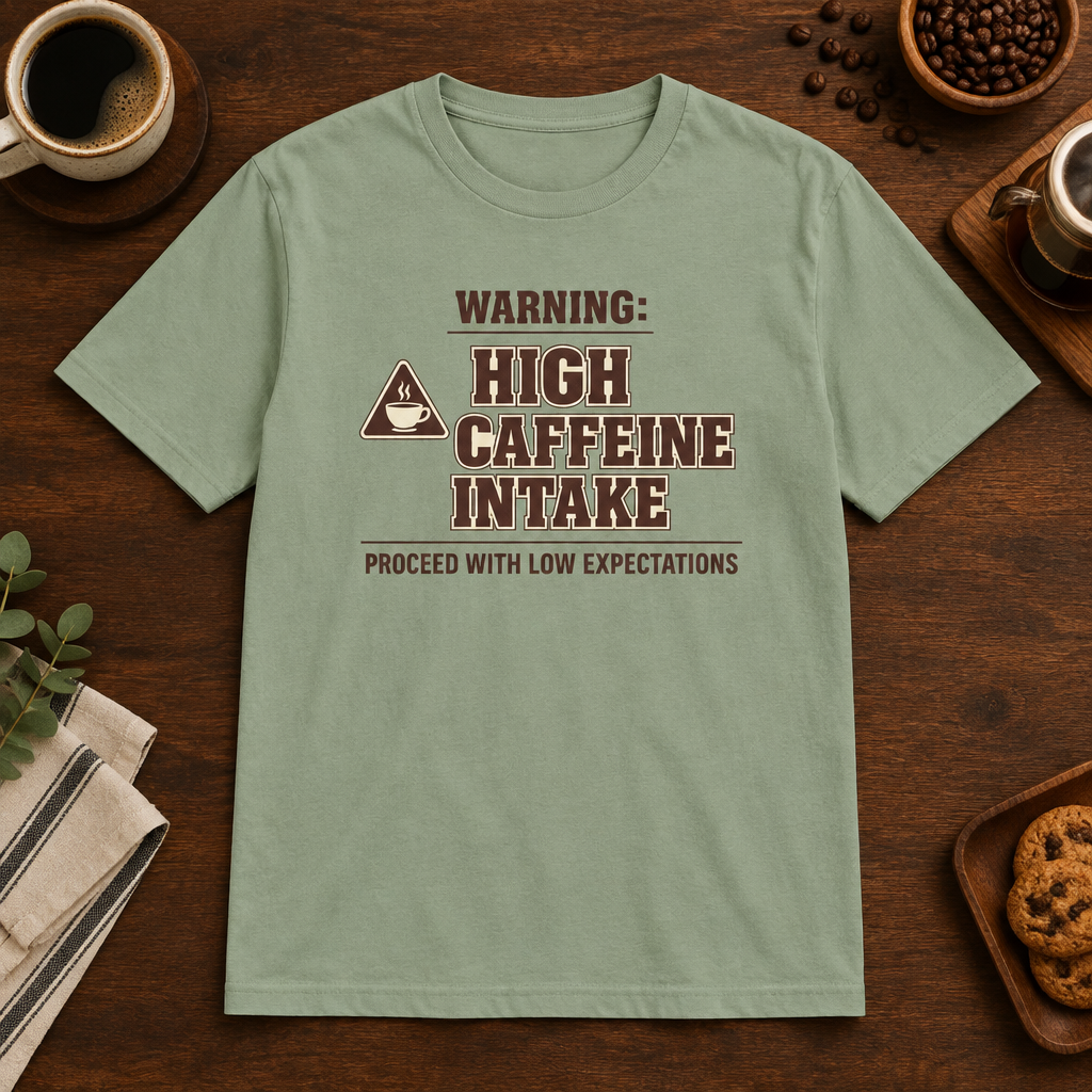 Caffeine Warning T-Shirt Sage short-sleeve coffee-bar flat lay