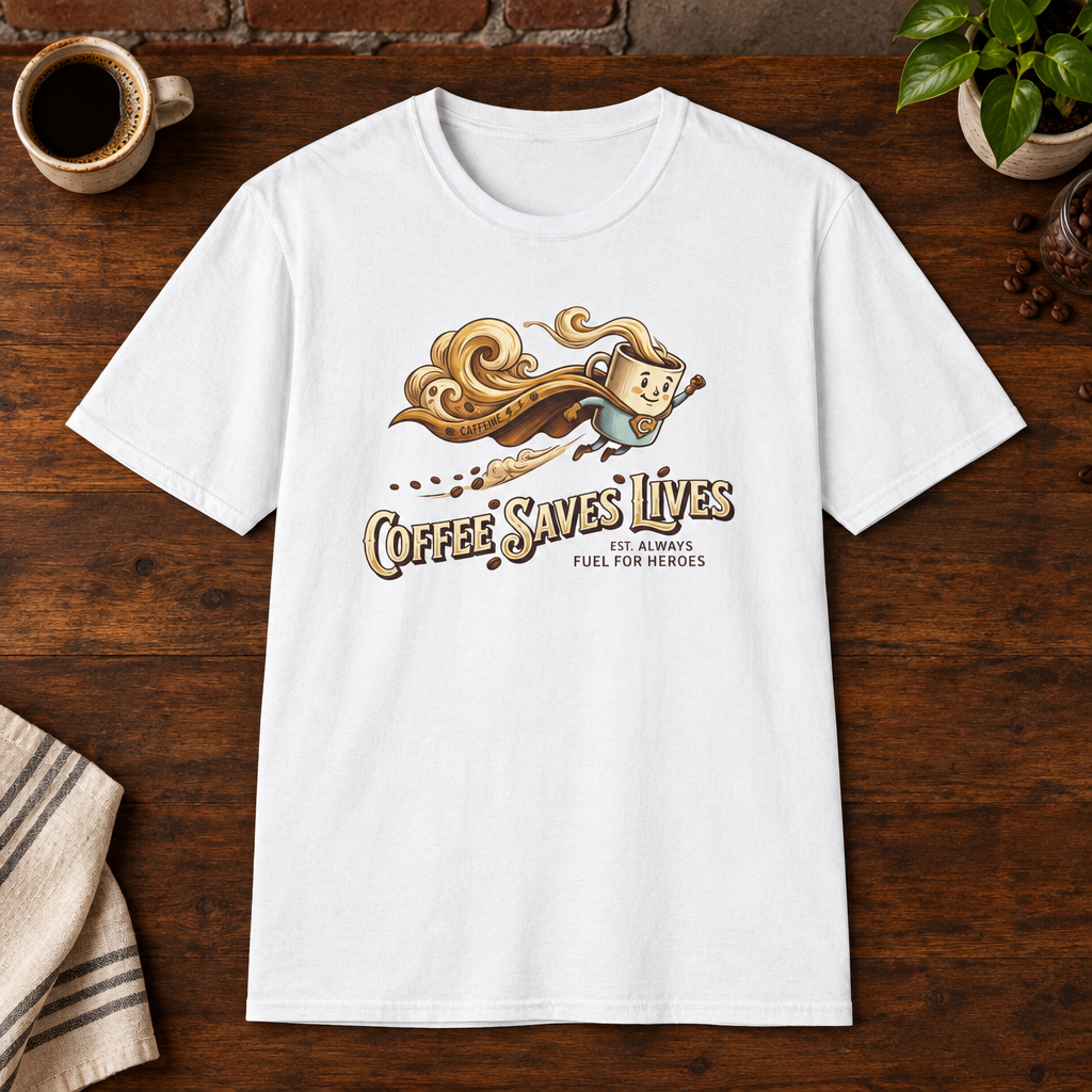 Coffee Saves Lives T-Shirt White subtly closer coffee-bar flat lay