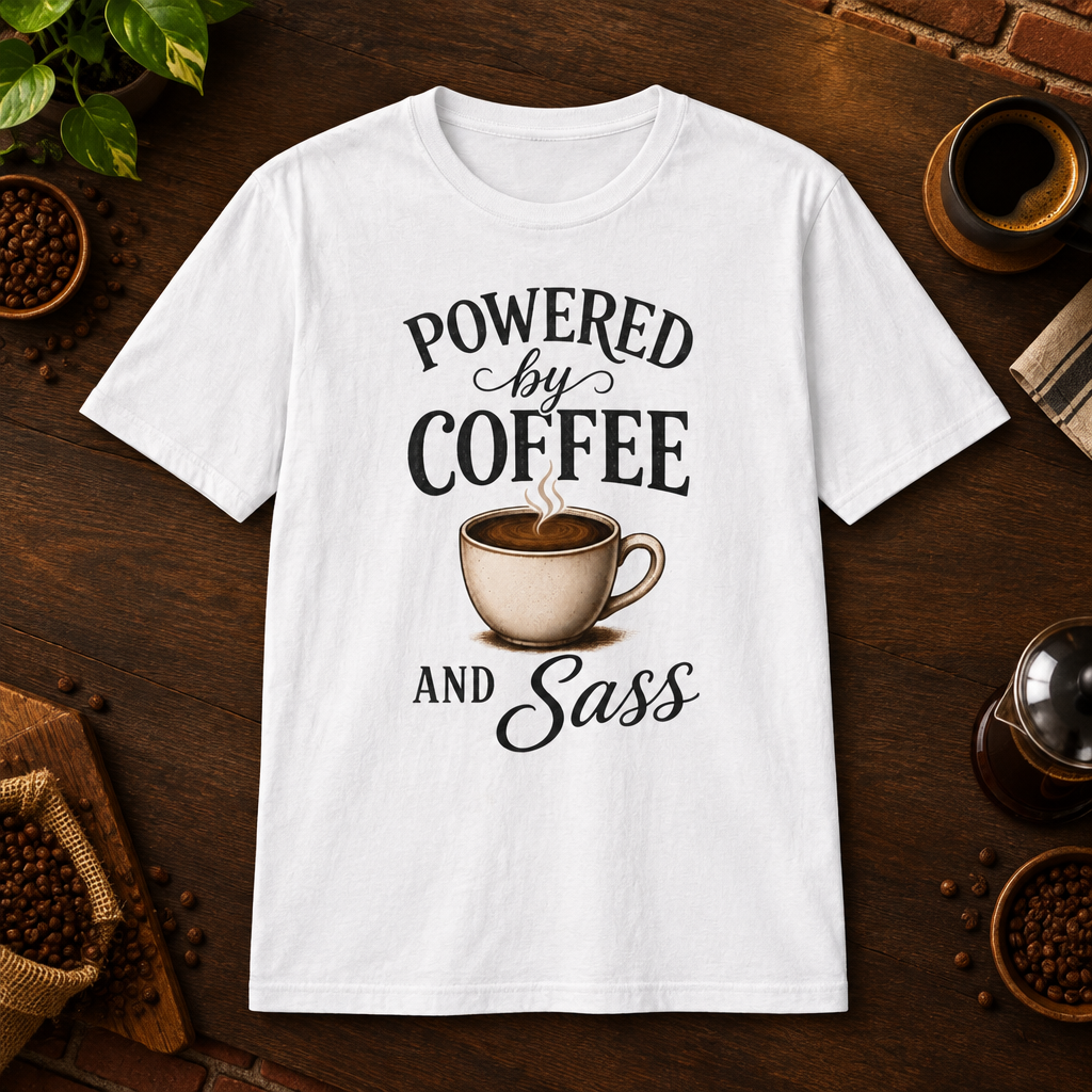 Powered by Coffee T-Shirt in White, coffee bar flat lay mockup