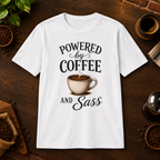 Powered by Coffee T-Shirt in White, coffee bar flat lay mockup