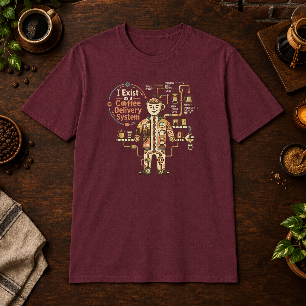 Coffee Delivery System T-Shirt in Maroon, coffee bar flat lay mockup