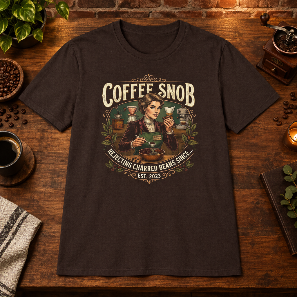 Coffee Snob Female T-Shirt Dark Chocolate short-sleeve coffee-bar flat lay