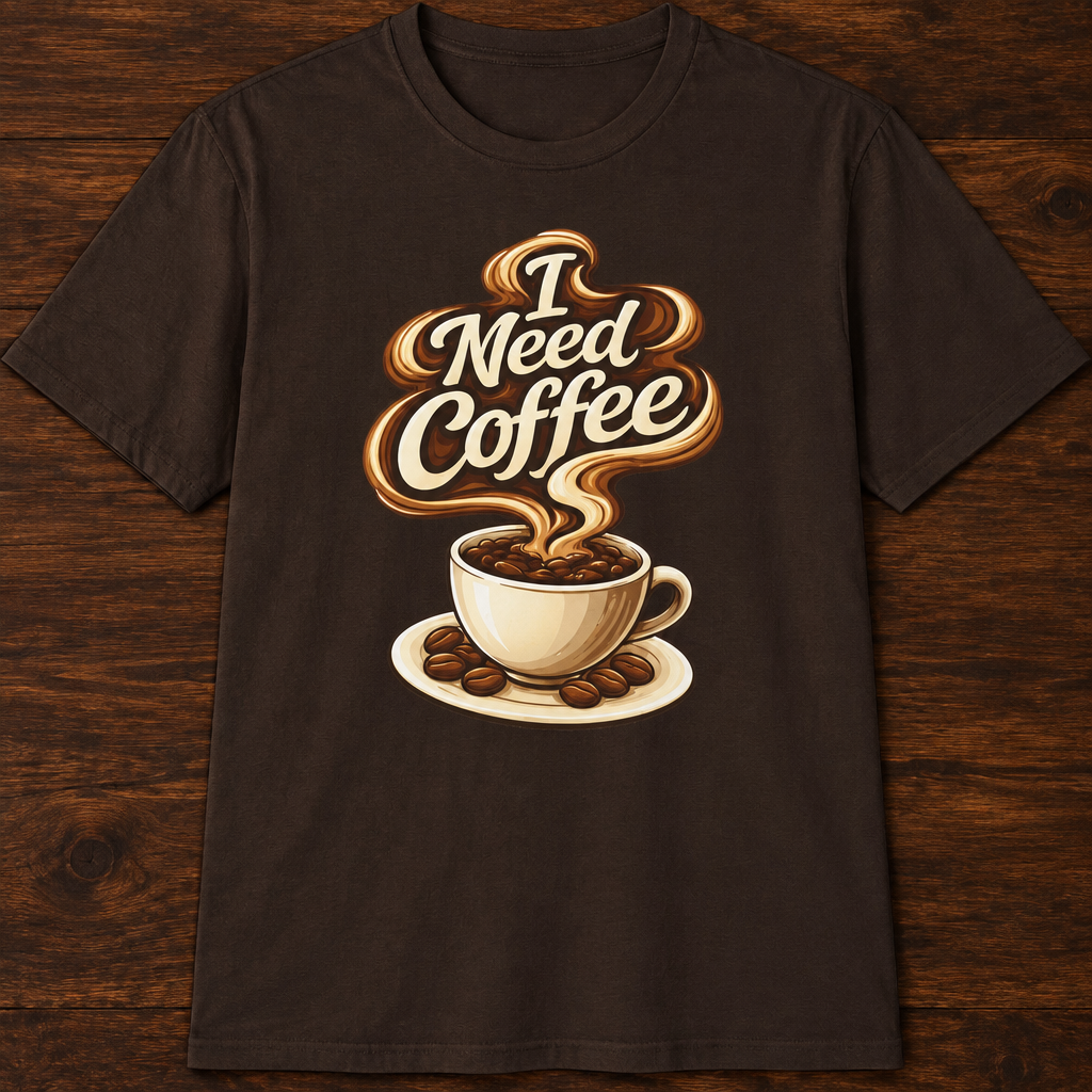 I Need Coffee T-Shirt Dark Chocolate close-fill short-sleeve coffee-bar flat lay