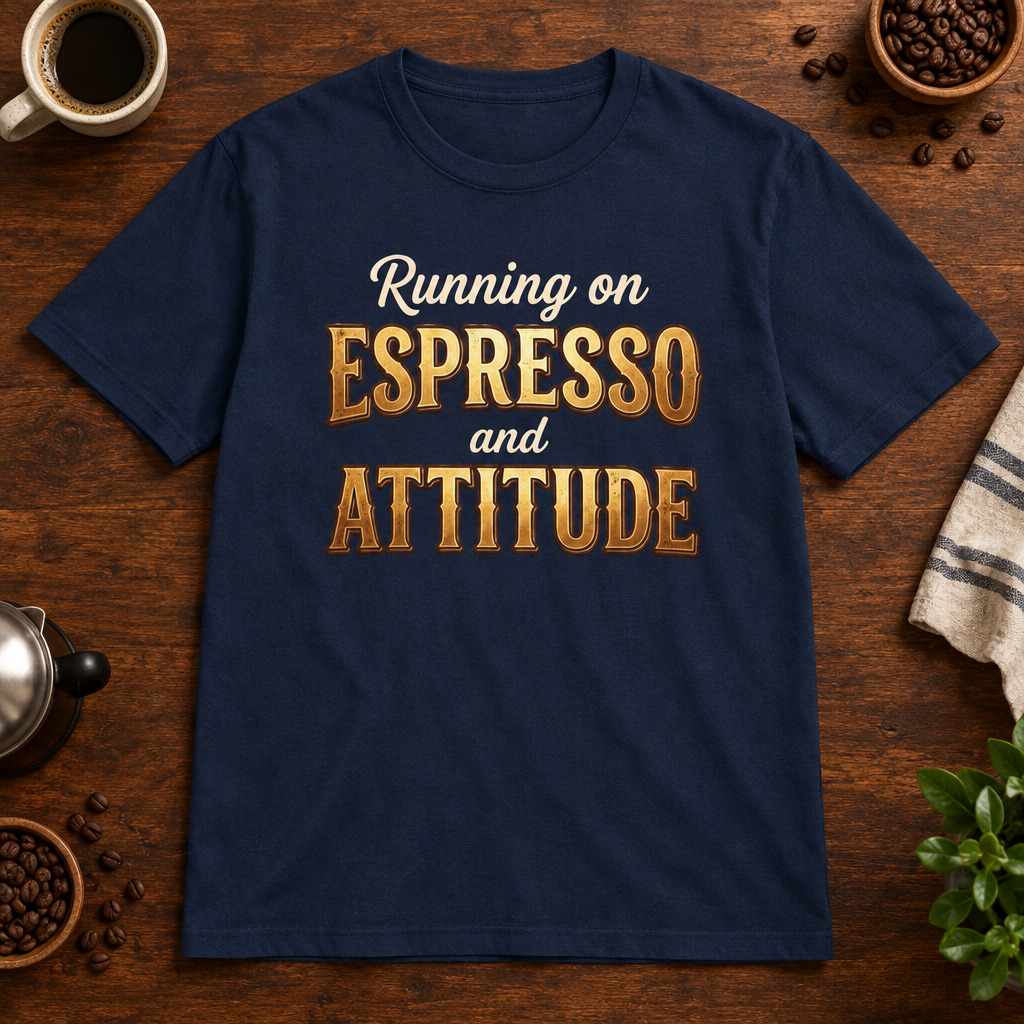 Running of Espresso and Attitude T-Shirt Navy coffee-bar flat lay