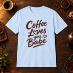 Coffee Loves You, Babe T-Shirt in Light Blue, coffee bar flat lay mockup