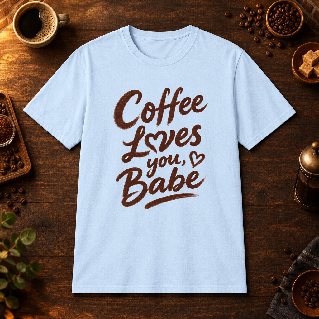 Coffee Loves You, Babe T-Shirt in Light Blue, coffee bar flat lay mockup
