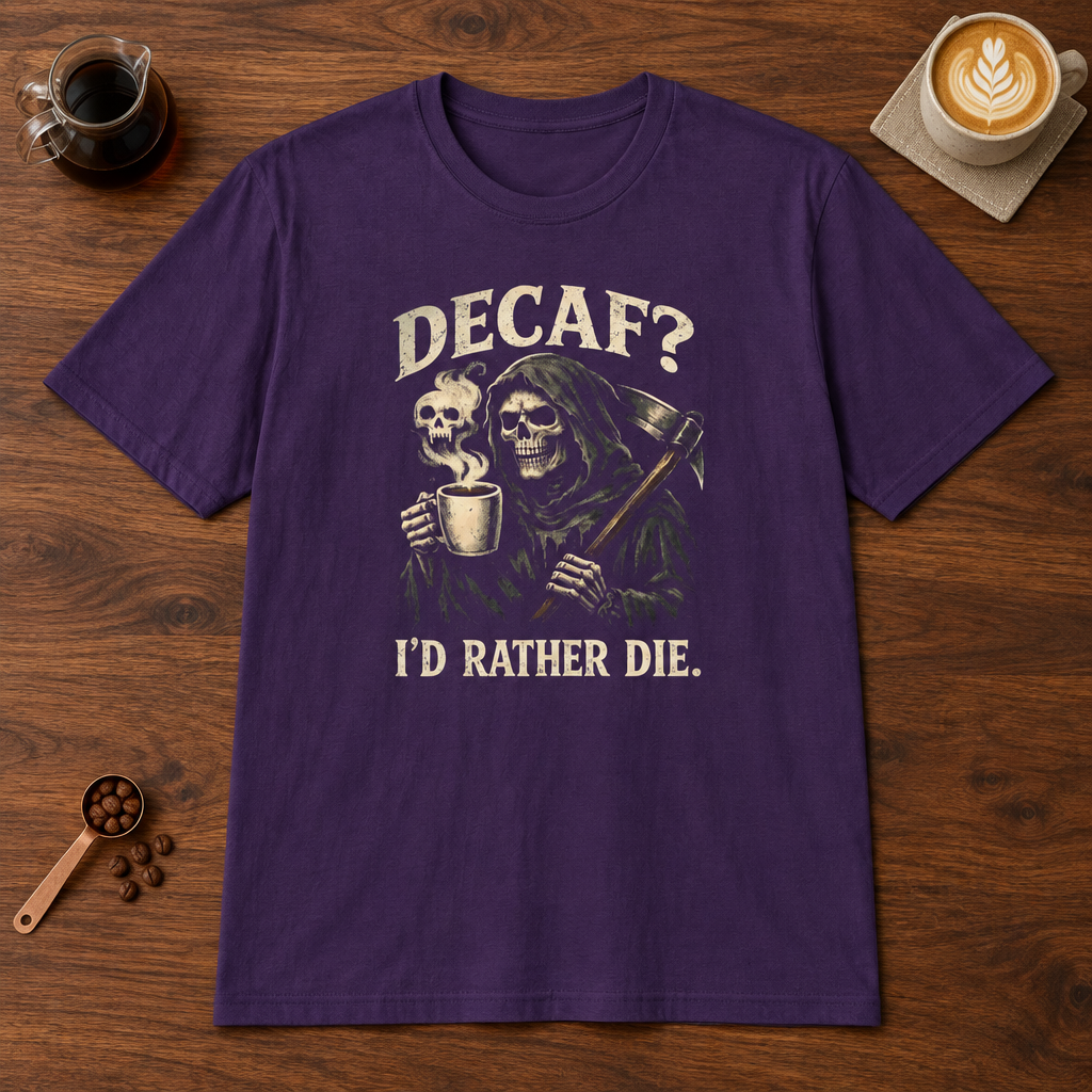 Decaf? T-Shirt Purple coffee bar mockup