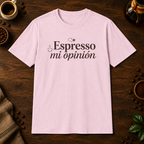 Espresso mi opinión T-Shirt in Light Pink, overhead coffee-bar flat-lay mockup