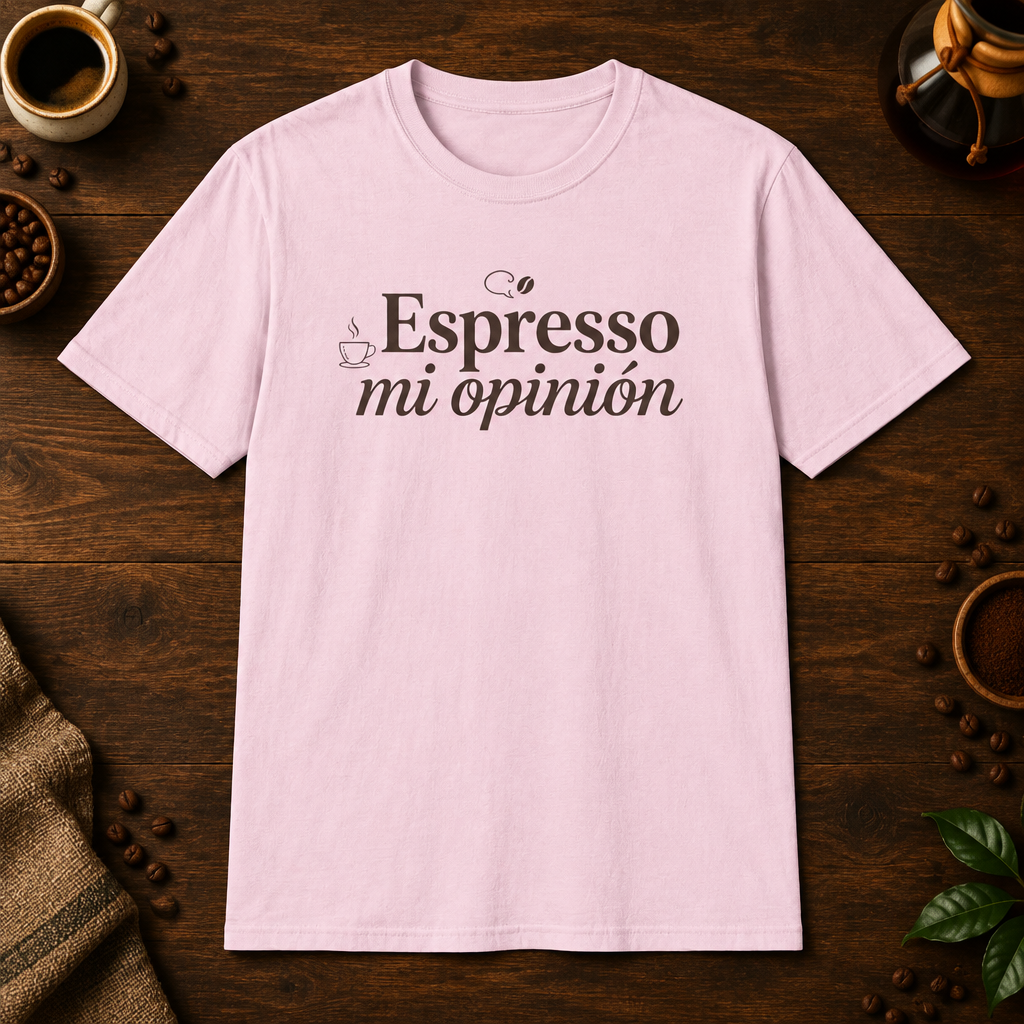 Espresso mi opinión T-Shirt in Light Pink, overhead coffee-bar flat-lay mockup