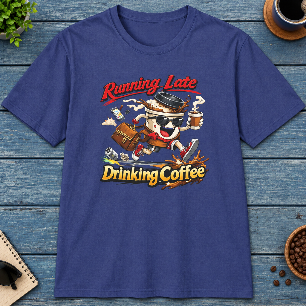 Running Late Drinking Coffee T-Shirt in Dark Chocolate, zoomed lifestyle mockup