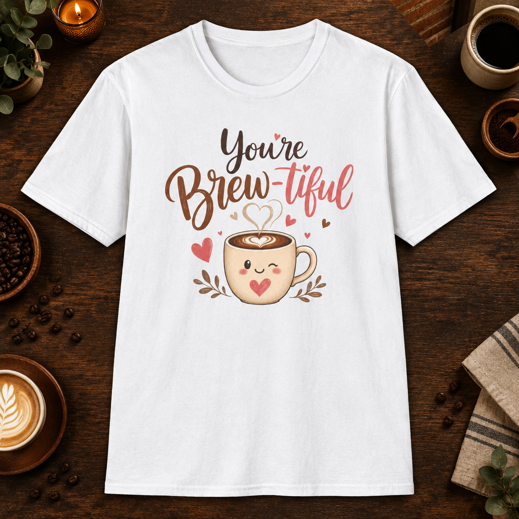 You’re Brew-tiful T-Shirt in White, overhead coffee-bar flat-lay mockup