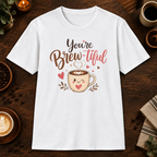 You’re Brew-tiful T-Shirt in White, overhead coffee-bar flat-lay mockup