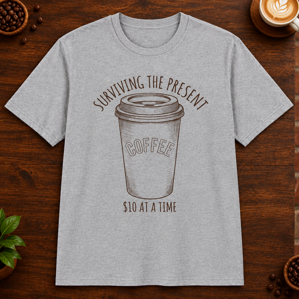 Surviving the Present T-Shirt in Sport Grey on a dark wood coffee bar