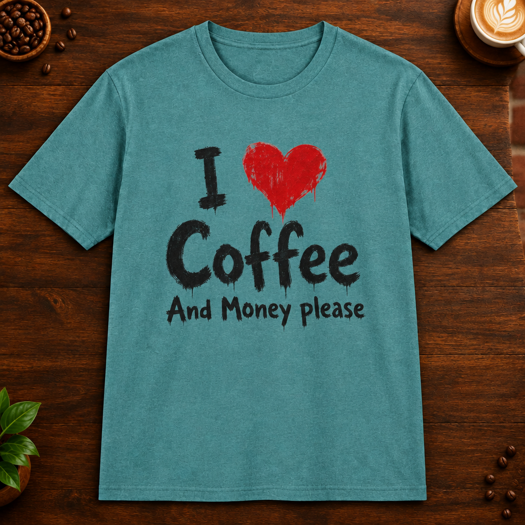 I Love Coffee T-Shirt in Heather Galapagos Blue on a dark wood coffee bar