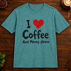 I Love Coffee T-Shirt in Heather Galapagos Blue on a dark wood coffee bar