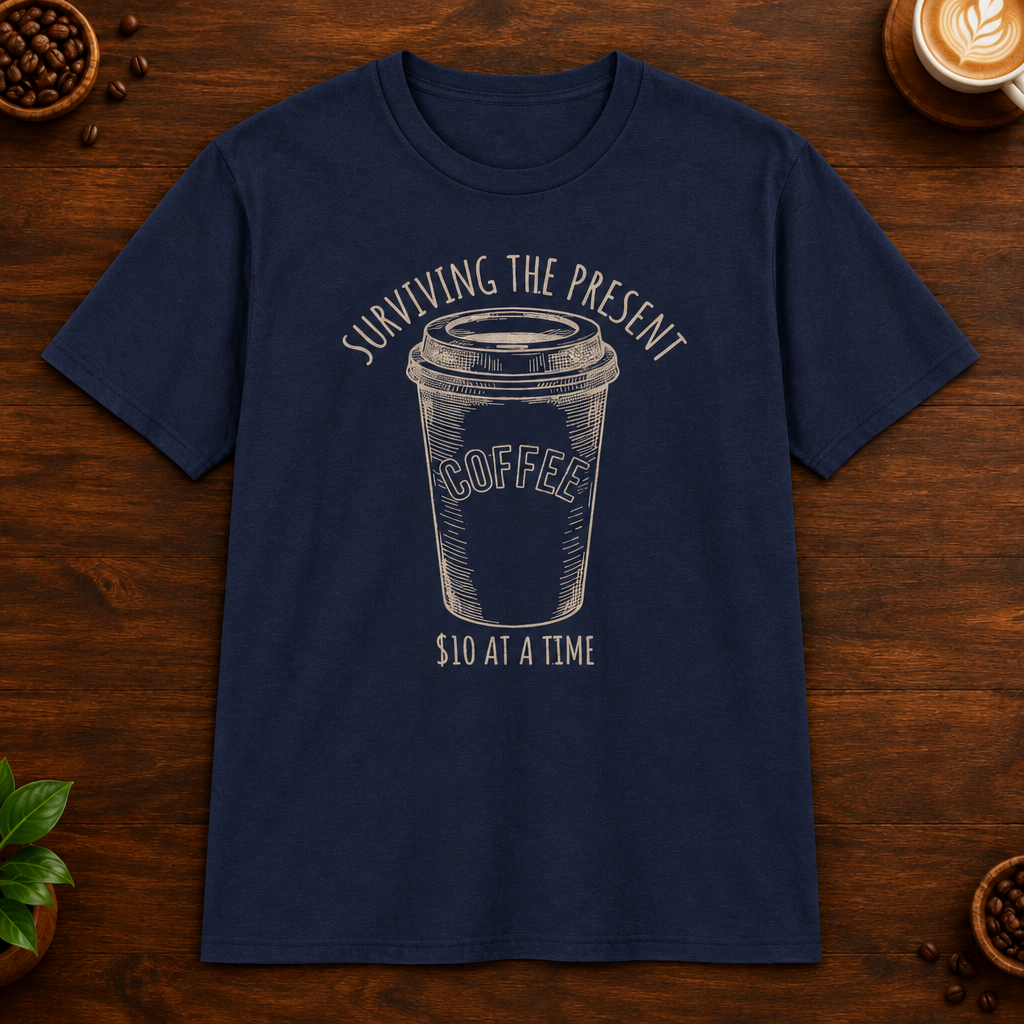 Surviving the Present T-Shirt in Navy on a dark wood coffee bar