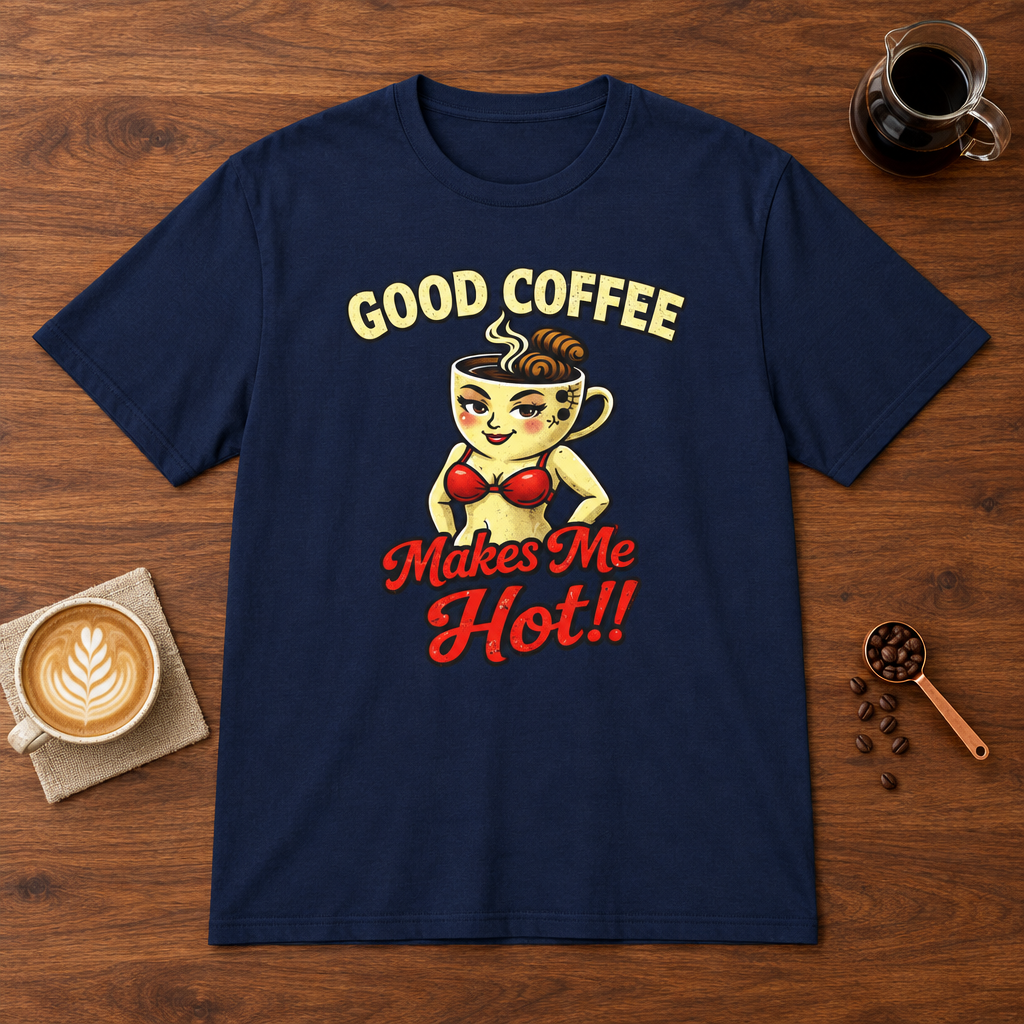 Good Coffee Makes Me Hot T-Shirt Navy coffee bar mockup