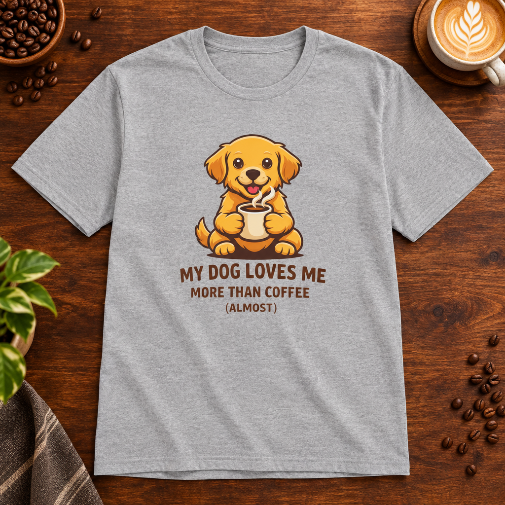 My Dog Loves Me T-Shirt Sport Grey on coffee bar