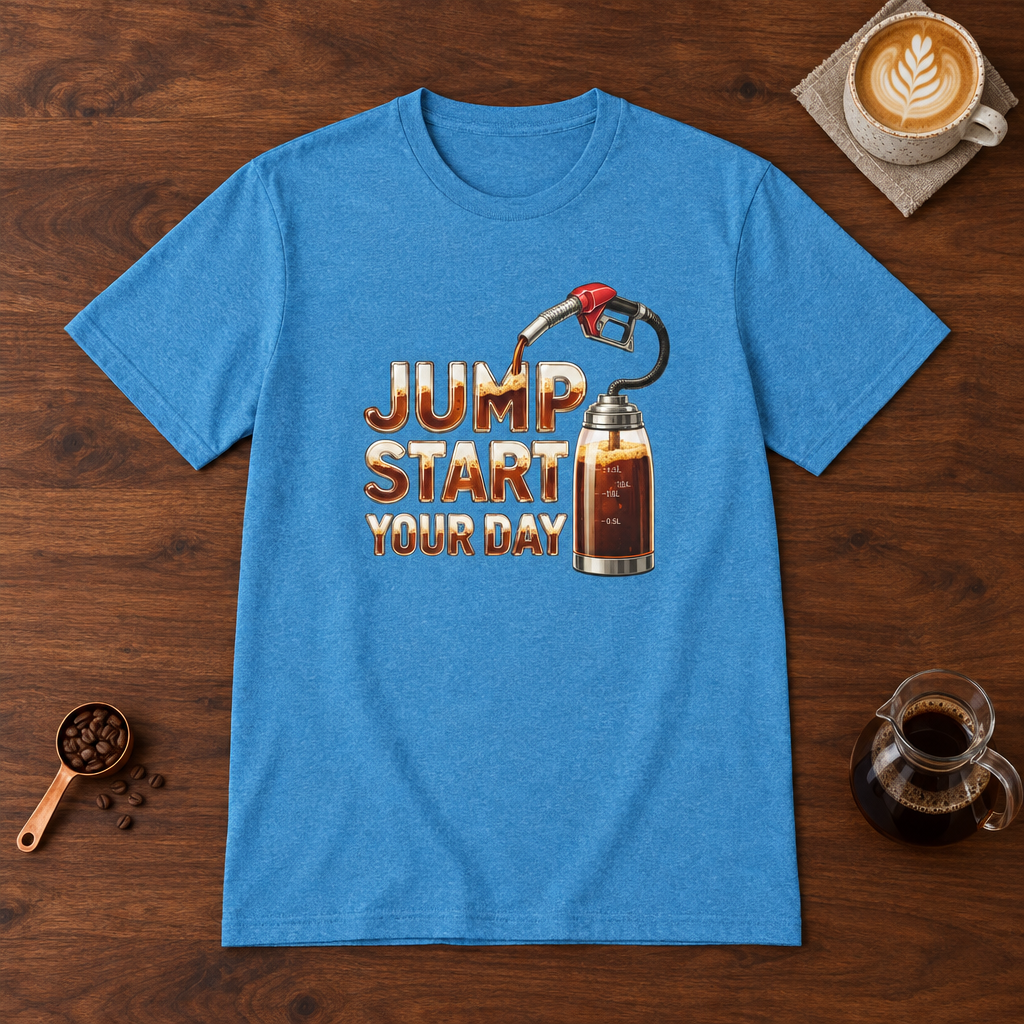 Jump Start Your Day T-Shirt Heather Sapphire flat lay on walnut coffee bar