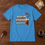 Jump Start Your Day T-Shirt Heather Sapphire flat lay on walnut coffee bar