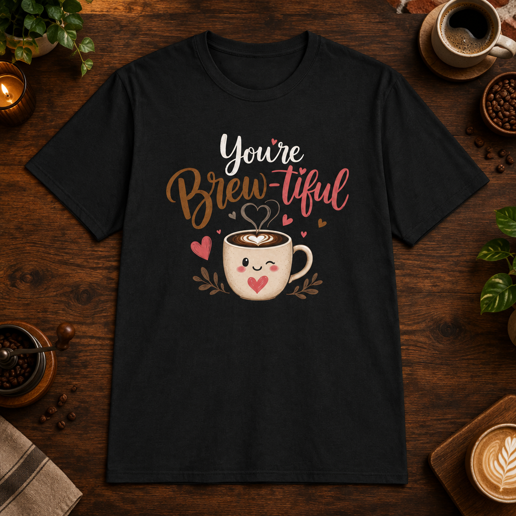 You’re Brew-tiful T-Shirt in Black, overhead coffee-bar flat-lay mockup
