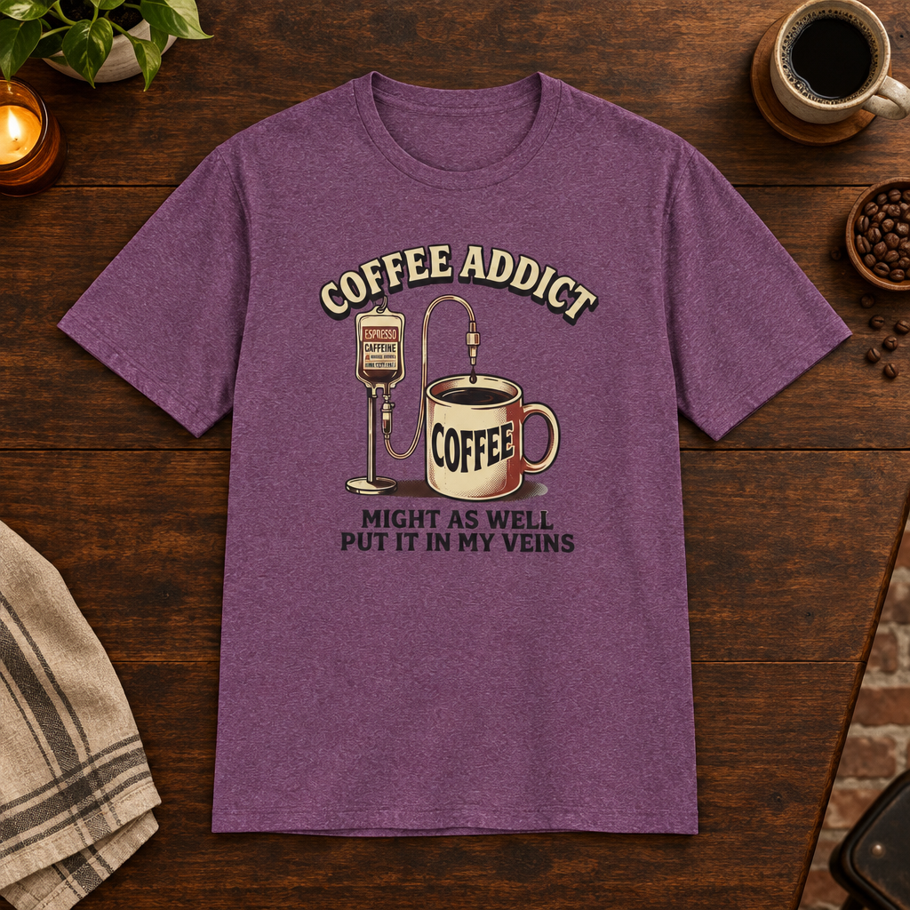 Coffee Addict T-Shirt Heather Maroon short-sleeve coffee-bar flat lay