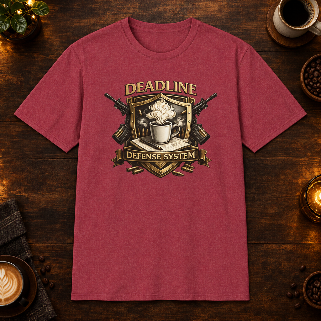 Deadline Defense System T-Shirt in Heather Cardinal, zoomed lifestyle mockup