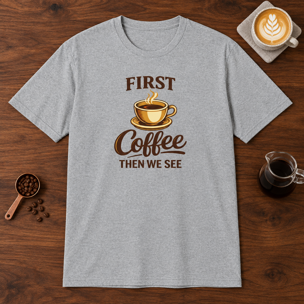 First Coffee Then We See T-Shirt Sport Grey coffee bar mockup