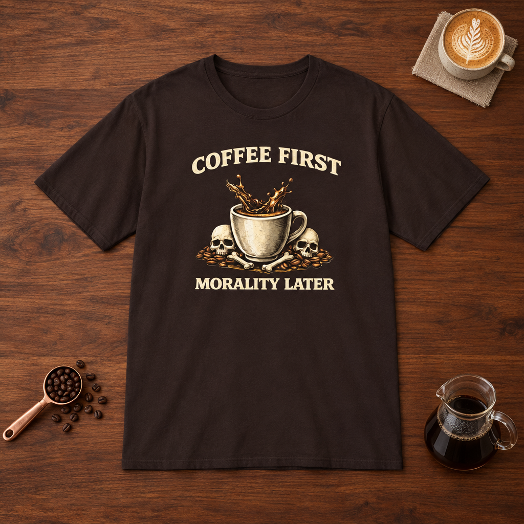 Coffee First Morality Later T-Shirt Dark Chocolate flat lay on walnut coffee bar
