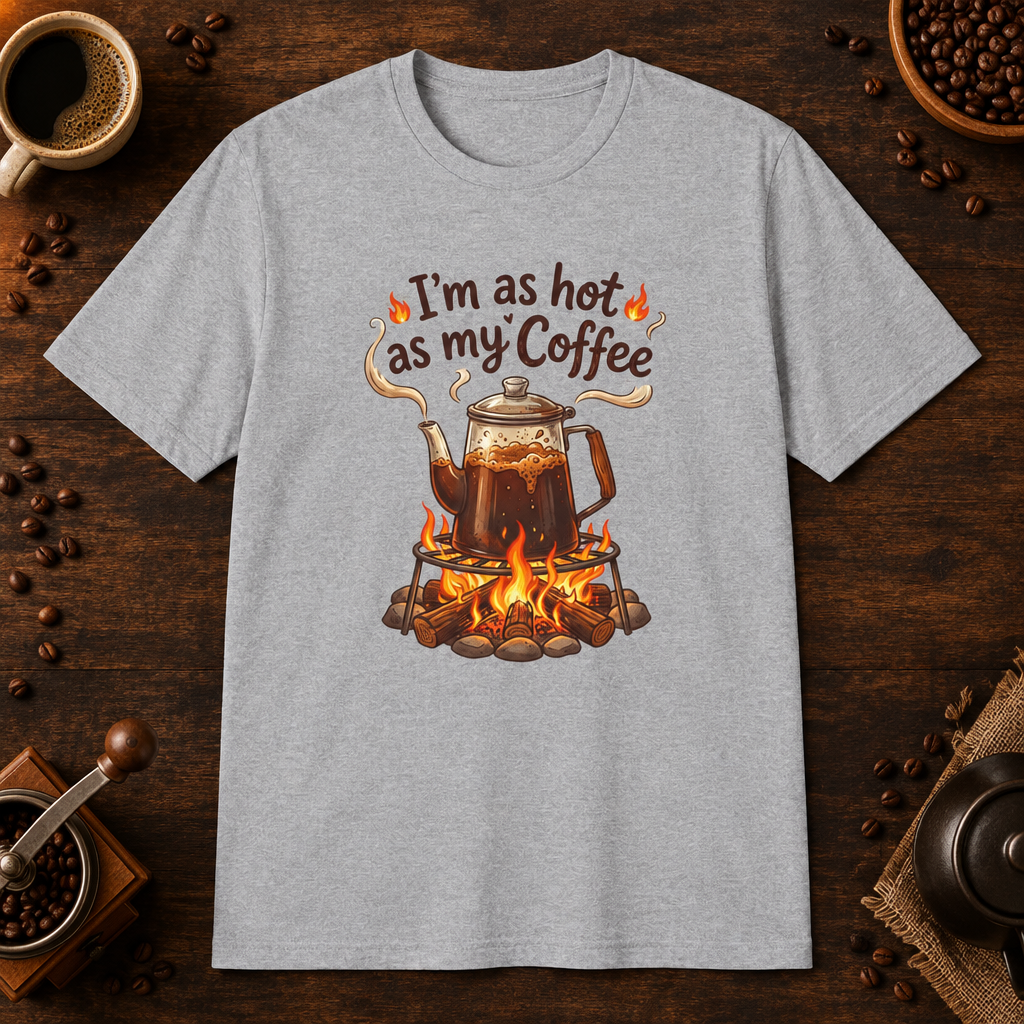 I'm as hot as my Coffee T-Shirt in Sport Grey, overhead coffee-bar flat-lay mockup