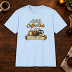 Adult Coffee Club T-Shirt in Light Blue, overhead coffee-bar flat-lay mockup