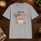 You’re Brew-tiful T-Shirt in Sport Grey, overhead coffee-bar flat-lay mockup